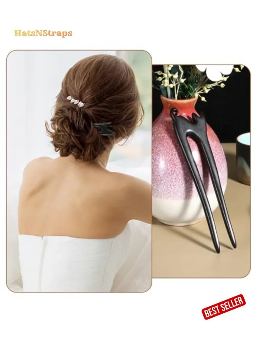 Handmade Carved Wood Hair Sticks French Hair Forks Cat Design U-Shape 2-Prong
